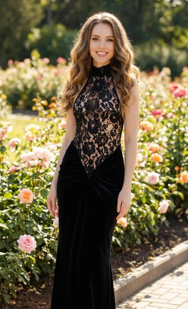 A Woman In An Elegant Black Lace Dress Poses Gracefully In A Vibrant Garden Filled With Blooming Roses