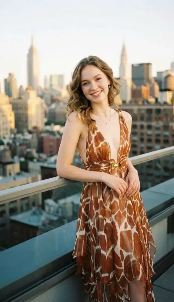 A Woman In A Patterned Dress Stands On A Rooftop Terrace With A City Skyline In The Background