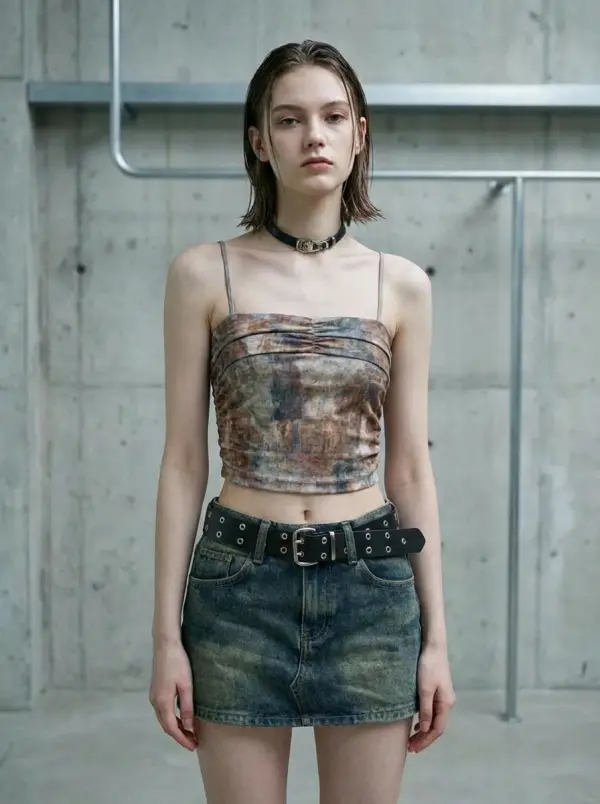 A Woman Is Standing In A Minimalist Industrial Setting Wearing A Casual Outfit Featuring A Denim Skirt And A Patterned Top