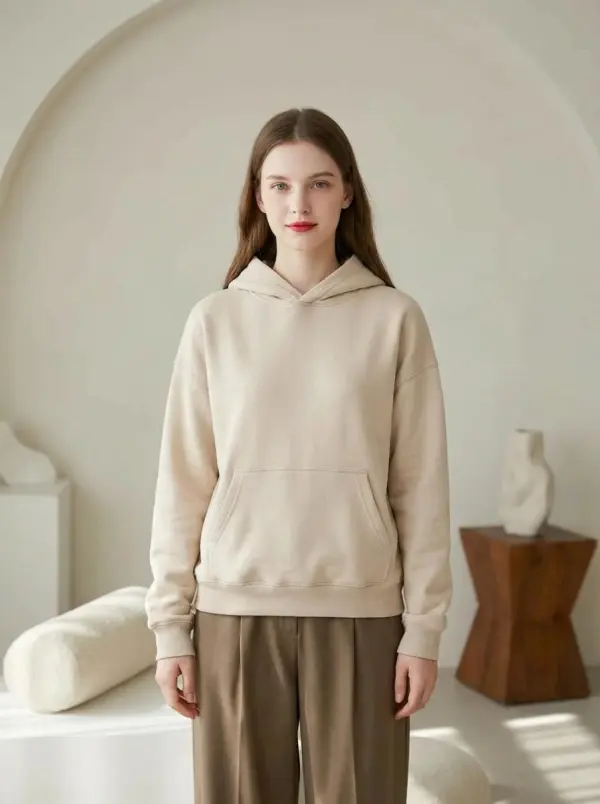 A Woman Stands In A Minimalist Indoor Setting Wearing A Beige Hoodie And Brown Pants