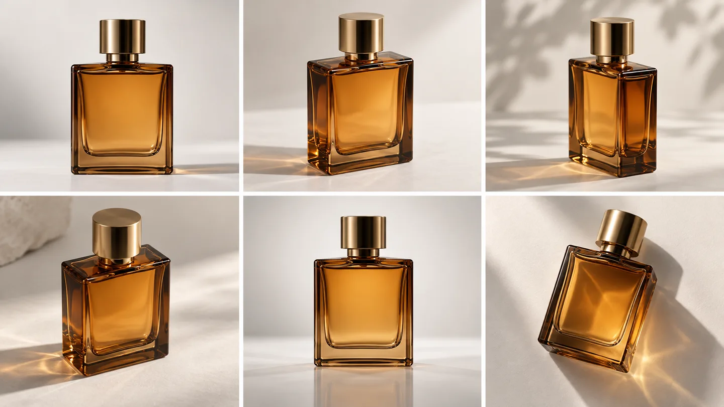 Six variations of one perfume-bottle brief laid out as a contact sheet, the kind of drafting pass Flare is for