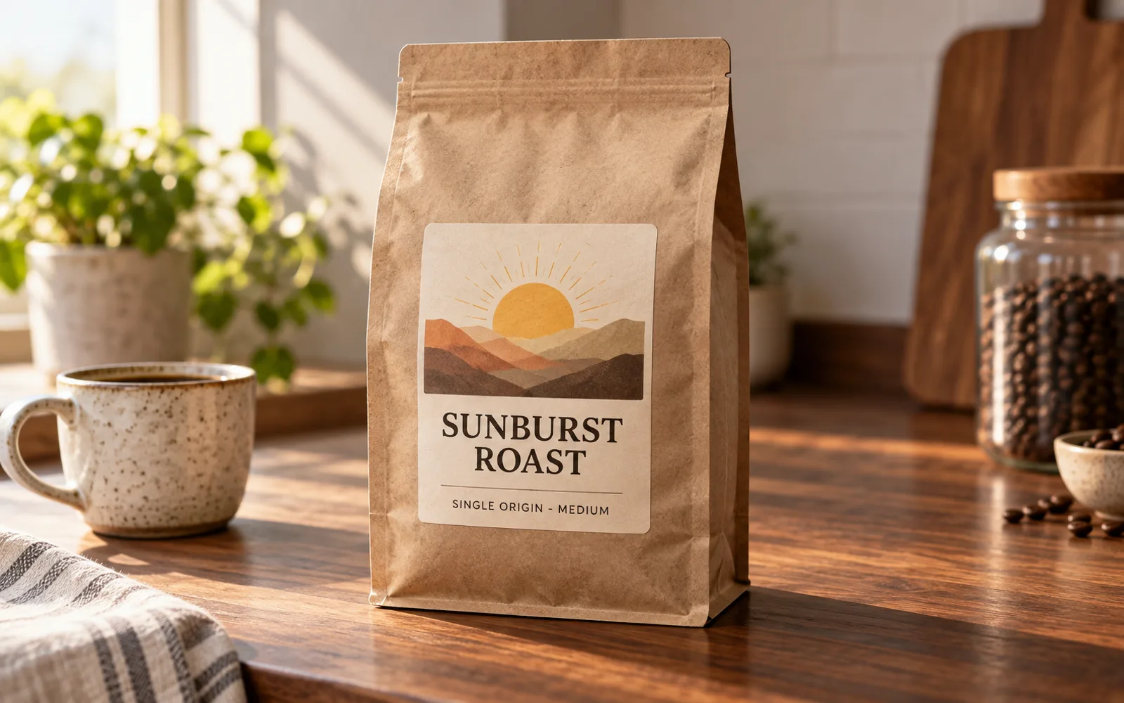 A kraft coffee bag on a walnut counter with a crisp SUNBURST ROAST label, the kind of product shot GPT Image 2.5 renders