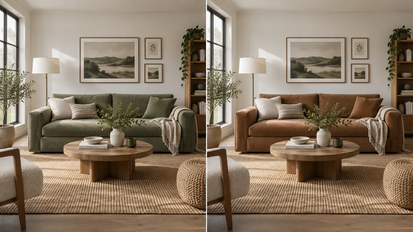 A living room render before and after a sofa recolour, with the lamp, rug and window light unchanged