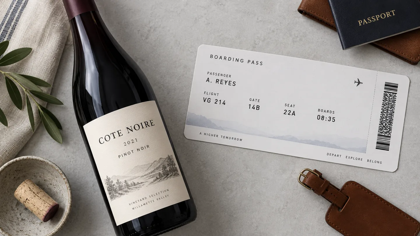 A wine label and a boarding pass rendered with readable typography and correct alignment