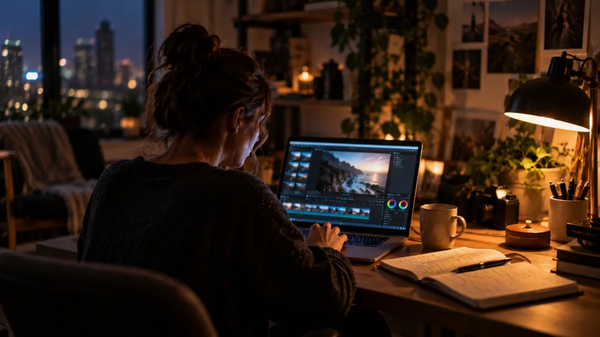 A creator working late at a laptop, the kind of everyday scene made with the free daily text to video AI video
