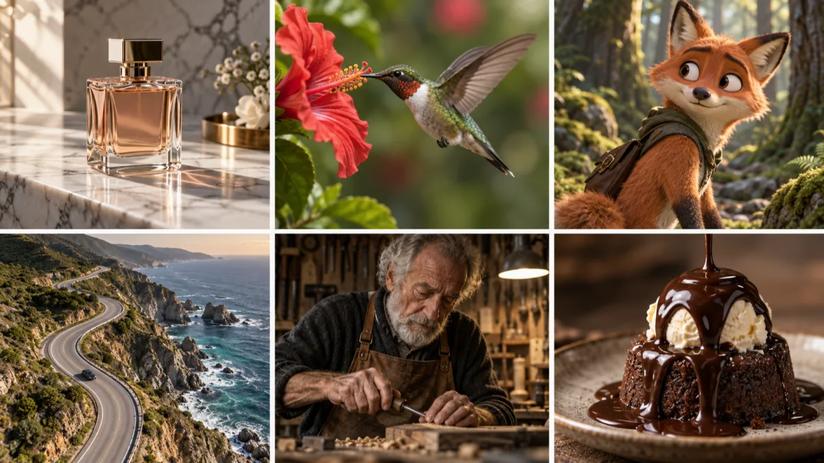 Six text to video AI clips in one grid: a perfume bottle, a hummingbird, an animated fox, a coastal road, a craftsman and a dessert