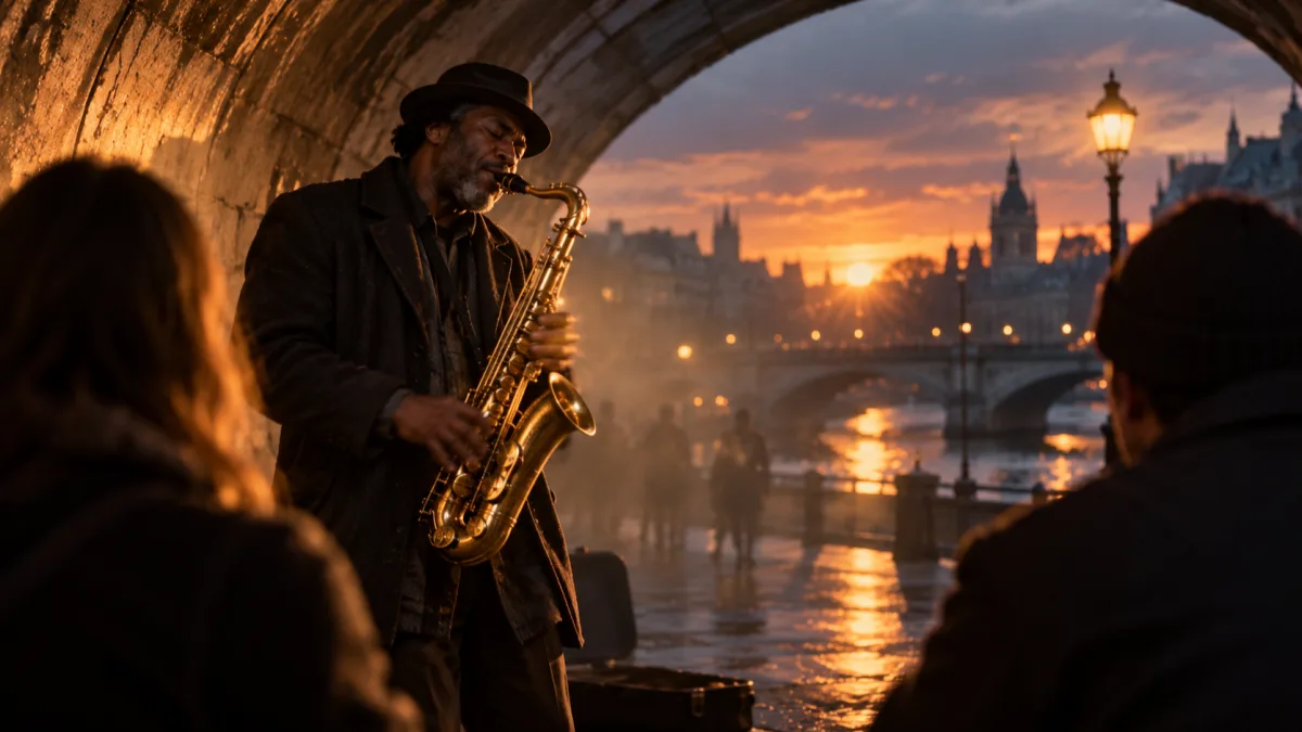 A street saxophonist playing under a subway arch at dusk, a text to video AI scene rendered with its own sound