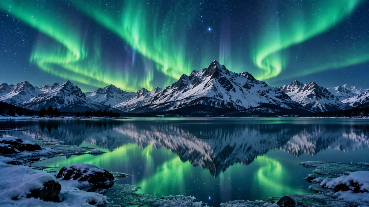 Aurora rippling over a snow-capped mountain range mirrored in a still lake, a 4K text to video AI frame