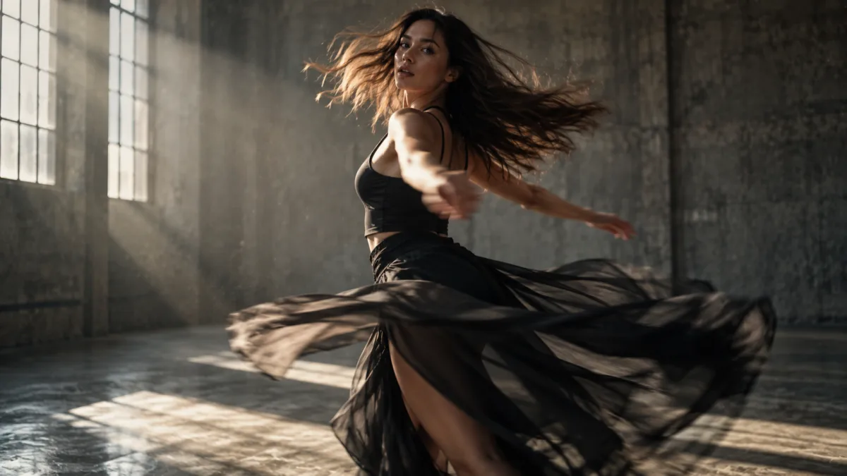 A dancer mid-spin in a bare concrete studio, shot by text to video AI as an orbiting camera move