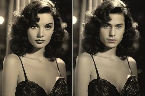 Photo face swap example with vintage black and white styling and realistic facial blend